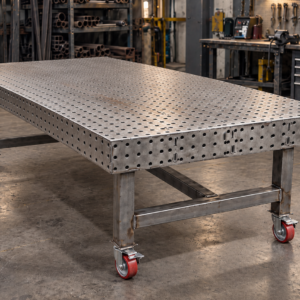 Datum welding fixture table on casters in a fabrication shop