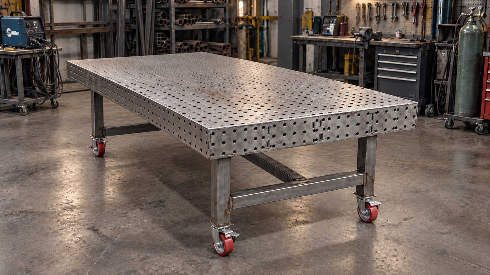Datum welding fixture table on casters in a fabrication shop